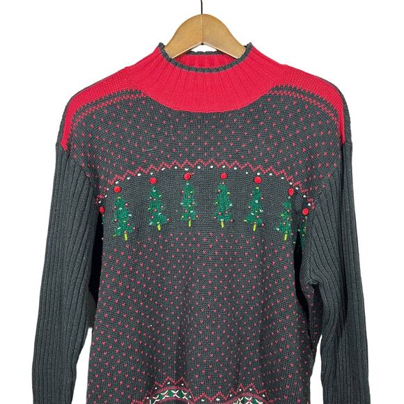 Villager Sport Classic Christmas Sweater Cowl NEck Black Red Tree Knit - XL - Picture 2 of 6